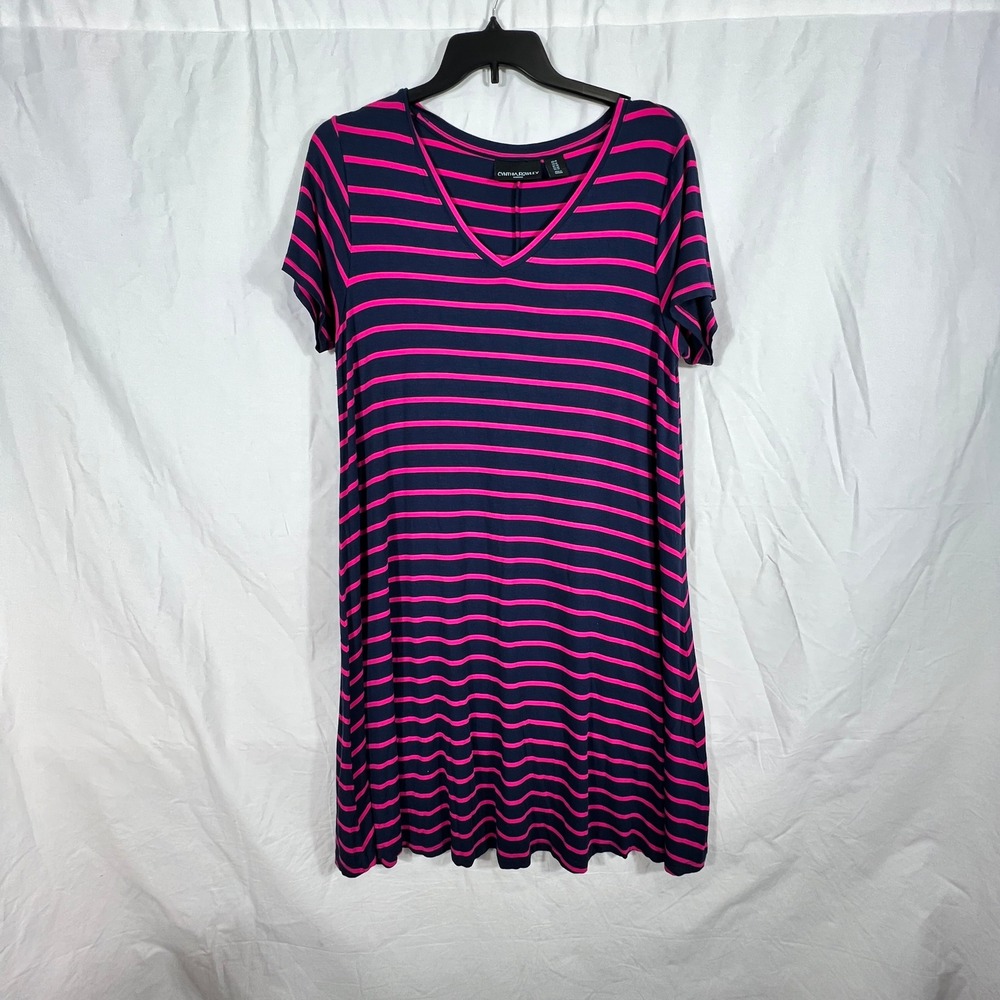 Cynthia Rowley Woman Navy Blue Pink Stripe V Neck Short Sleeve Tunic Dress 1X